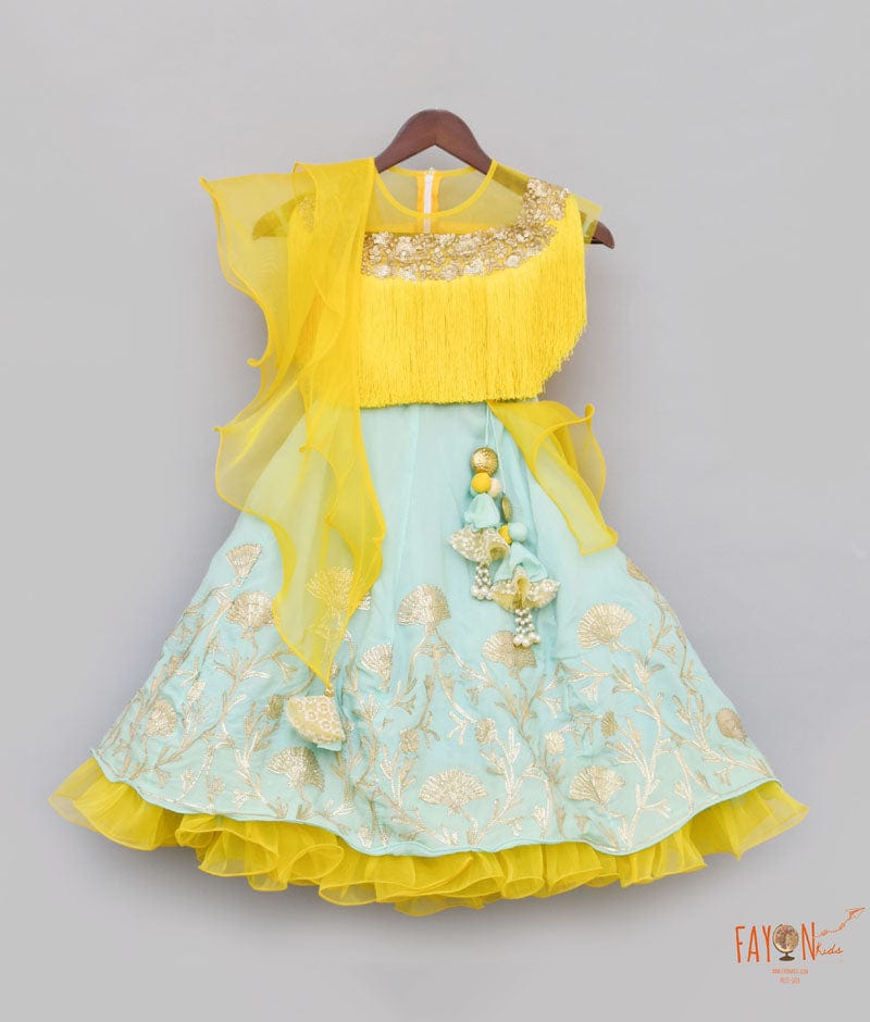 Fayon Kids Yellow Tassel Aqua Gota Lehenga with Choli Organza Dupatta for Girls