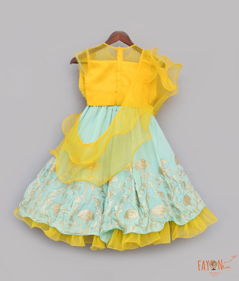 Yellow Tassel Aqua Gota Lehenga with Choli Organza Dupatta for Girls