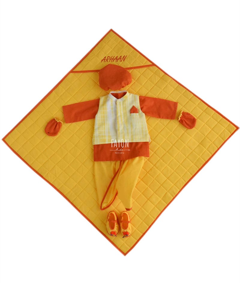 Fayon Kids Yellow Tie and Die Nehru Jacket Jamna Set for Boys
