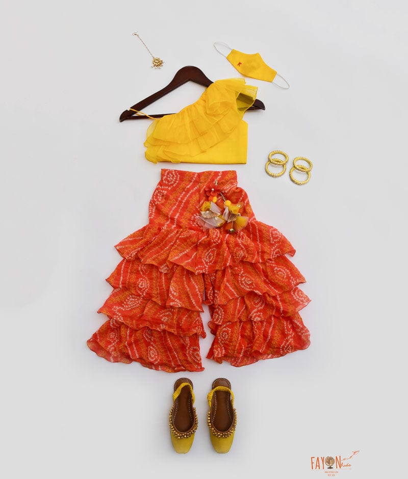 Fayon Kids Yellow Top with Orange Bandhej Sharara for Girls