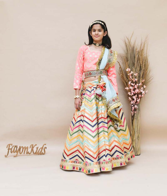 Luxe Pink Silk Flower Boti Embroidery Lehenga with Choli Organza Dupatta for Girls