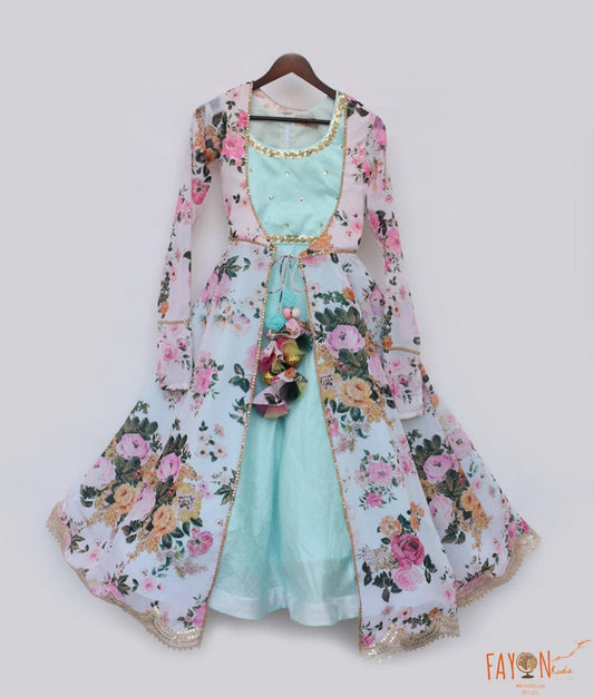 Manufactured by FAYON KIDS (Noida, U.P) Aqua Blue Lehenga Choli and Peach Print Jacket for Girls