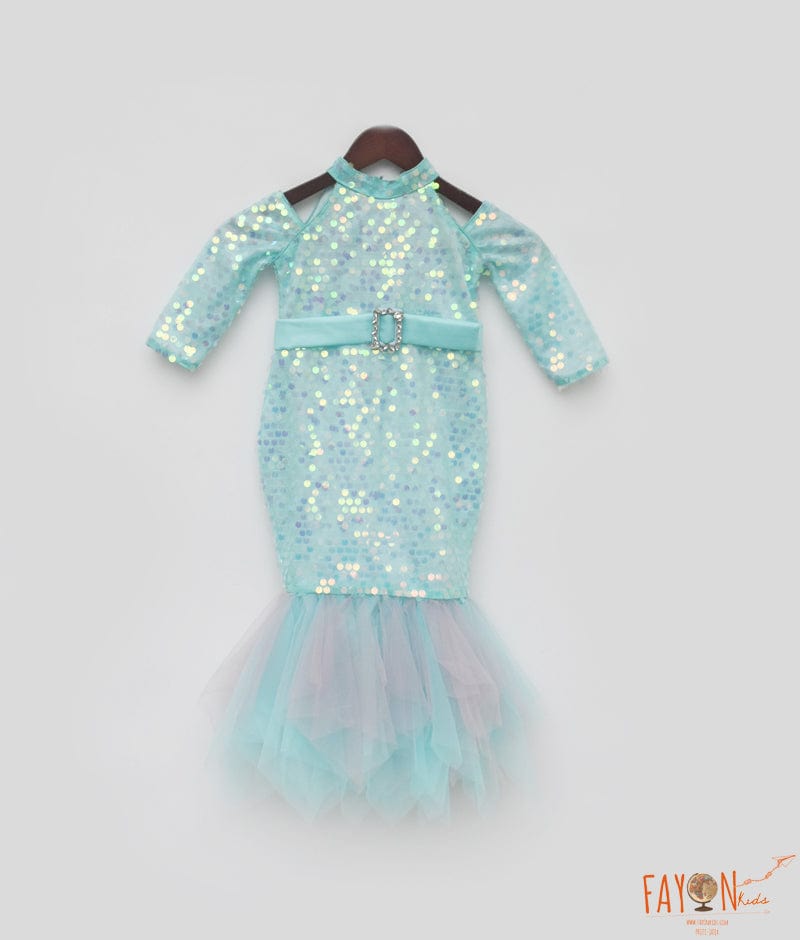 Aqua Sequins Mermaid Dress for Girls - Main Image