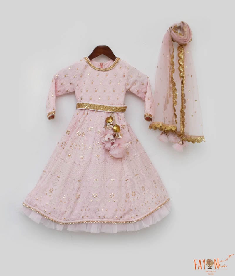 Manufactured by FAYON KIDS (Noida, U.P) Baby Pink Lucknowi Anarkali With Boti Net Dupatta for Girls