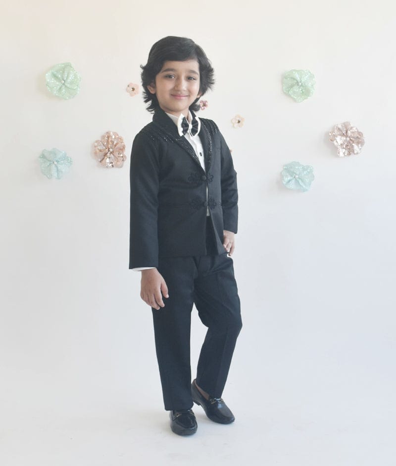 Manufactured by FAYON KIDS (Noida, U.P) Black Coat Pant with Off white Shirt for Boys