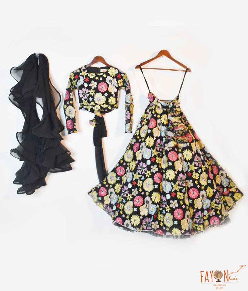 Manufactured by FAYON KIDS (Noida, U.P) Black Flower Embroidery Lehenga Choli for Girls