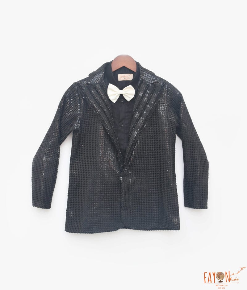 Manufactured by FAYON KIDS (Noida, U.P) Black Sequins Coat with Silk Shirt for Boys