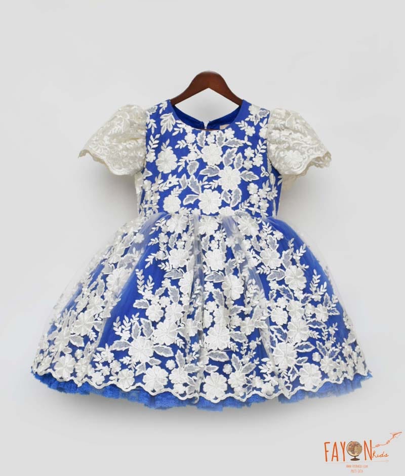 Manufactured by FAYON KIDS (Noida, U.P) Blue and Off white Lace Frock for Girls