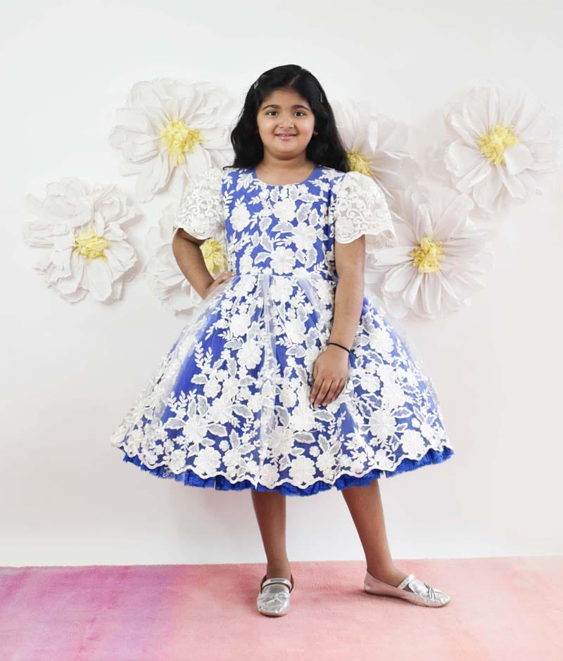 Manufactured by FAYON KIDS (Noida, U.P) Blue and Off white Lace Frock for Girls