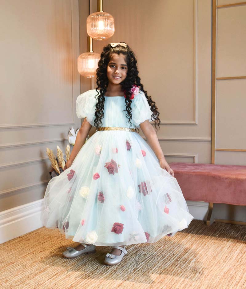 Blue Flower Net Dress for Girls