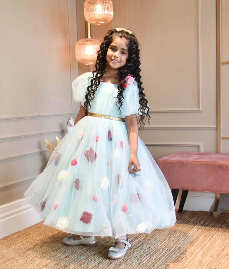 Blue Flower Net Dress for Girls