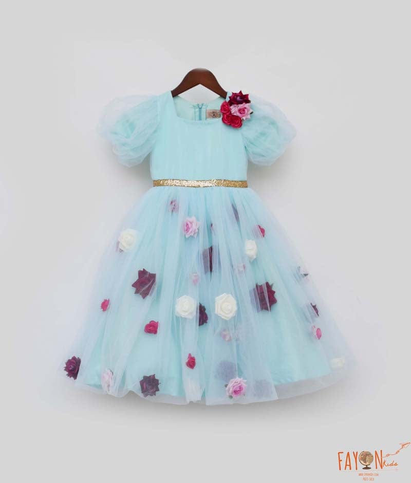 Manufactured by FAYON KIDS (Noida, U.P) Blue Flower Net Dress for Girls