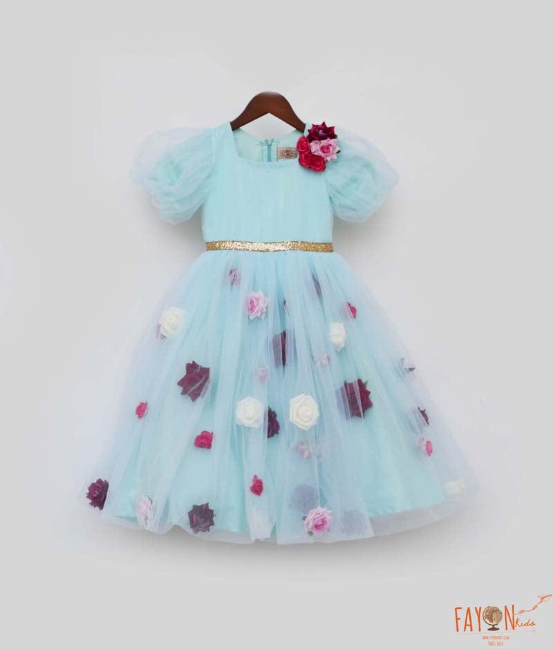 Blue Flower Net Dress for Girls