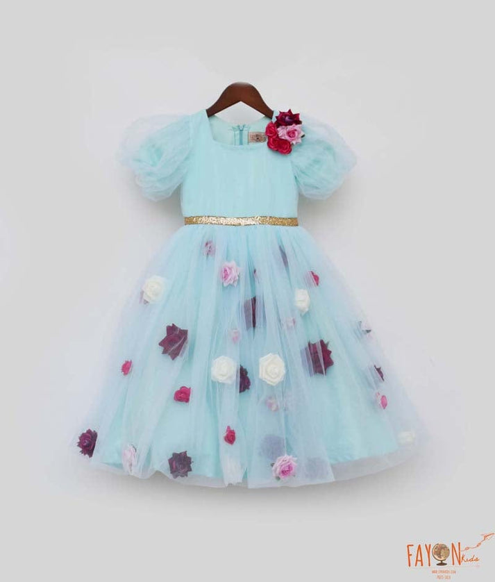 Blue Flower Net Dress for Girls