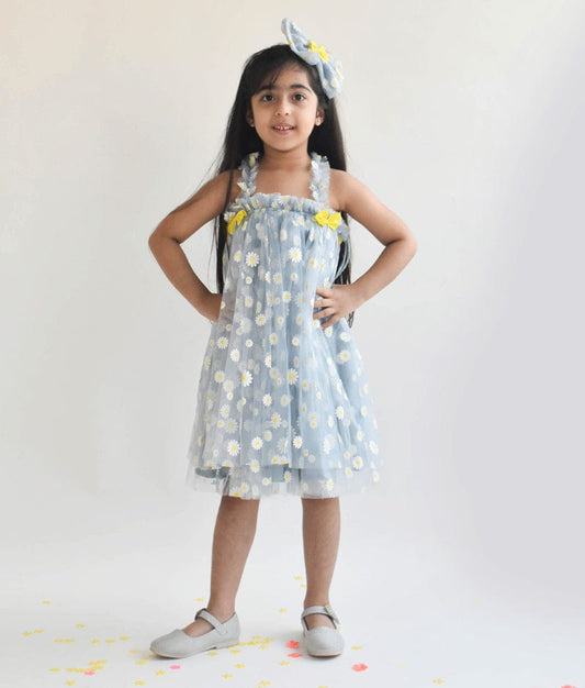 Manufactured by FAYON KIDS (Noida, U.P) Blue Flower Print Net Dress for Girls