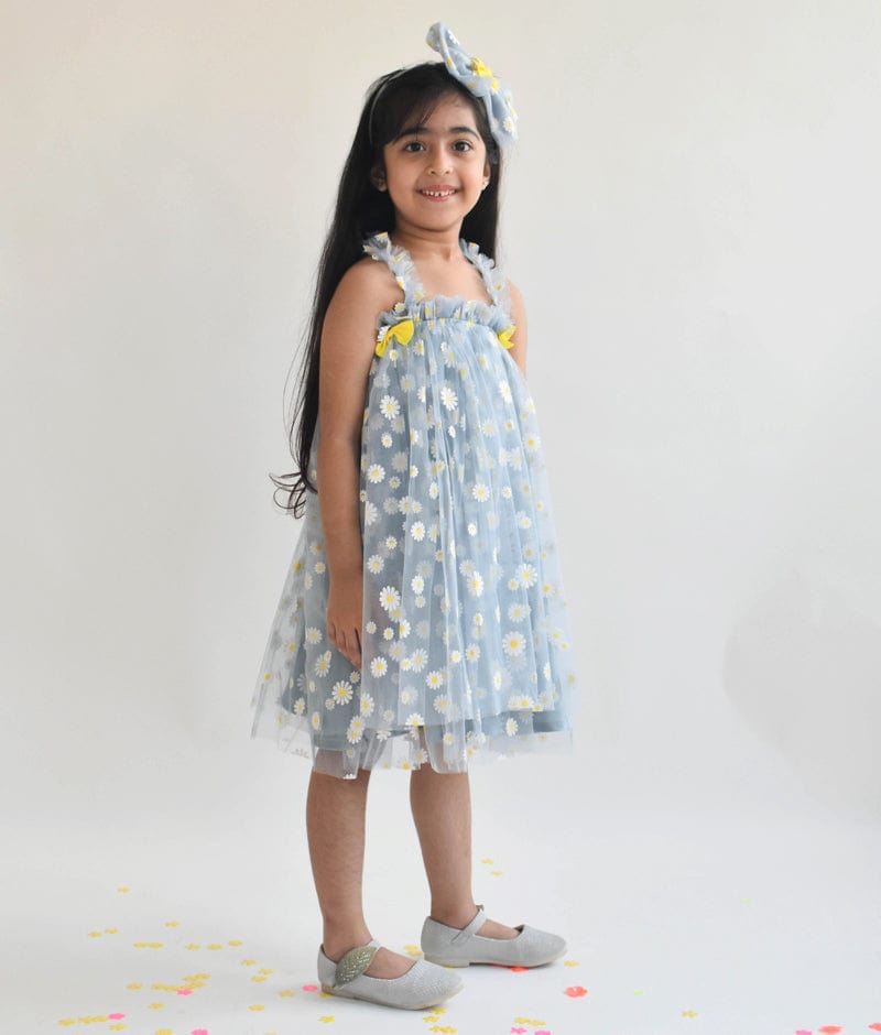 Manufactured by FAYON KIDS (Noida, U.P) Blue Flower Print Net Dress for Girls