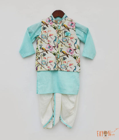 Manufactured by FAYON KIDS (Noida, U.P) Blue Kurta Dhoti With Off White Printed Jacket for Boys