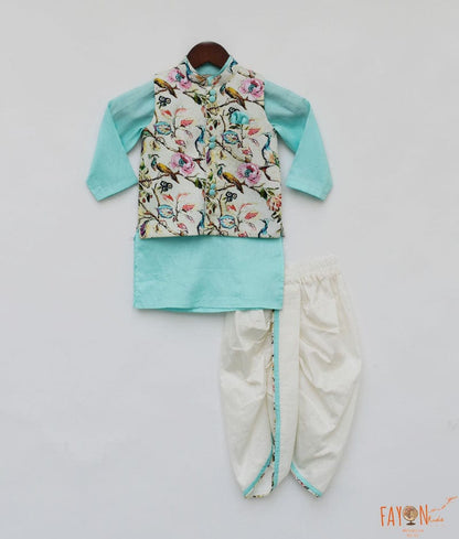 Manufactured by FAYON KIDS (Noida, U.P) Blue Kurta Dhoti With Off White Printed Jacket for Boys
