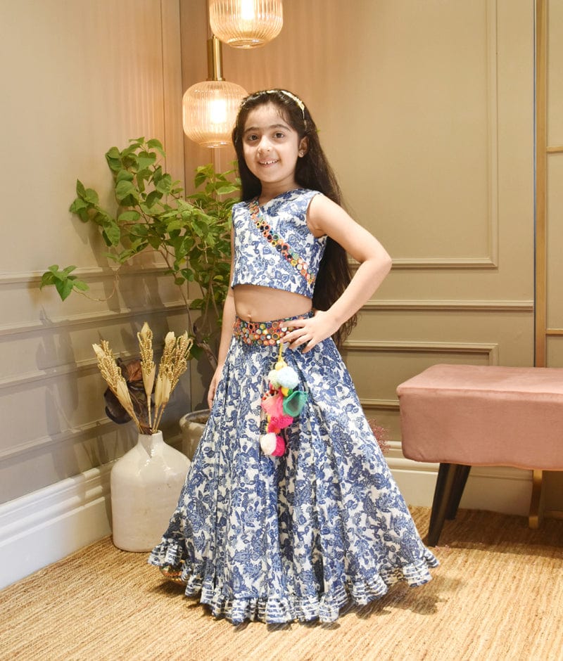 Manufactured by FAYON KIDS (Noida, U.P) Blue Print Lehenga with Criss Cross Choli for Girls