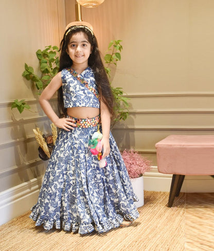 Manufactured by FAYON KIDS (Noida, U.P) Blue Print Lehenga with Criss Cross Choli for Girls