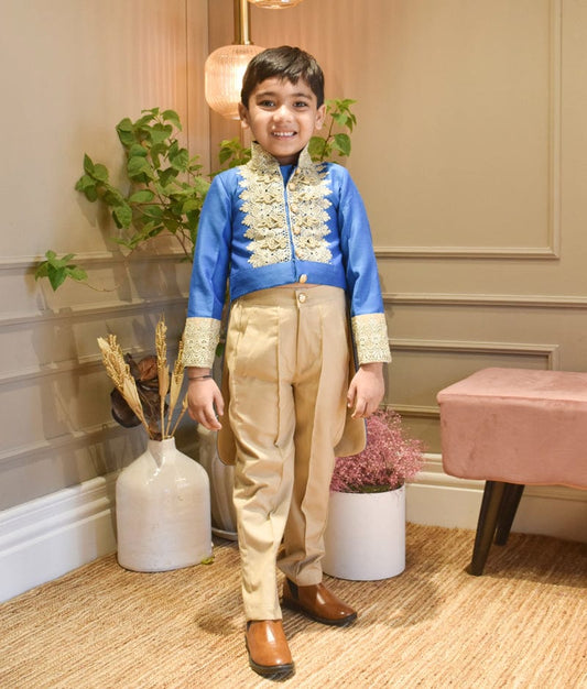 Manufactured by FAYON KIDS (Noida, U.P) Blue Silk Jacket with Golden Pant for Boys