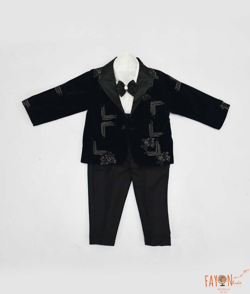 Manufactured by FAYON KIDS (Noida, U.P) Blue Velvet Coat Set With Hand Embroidery For Boys