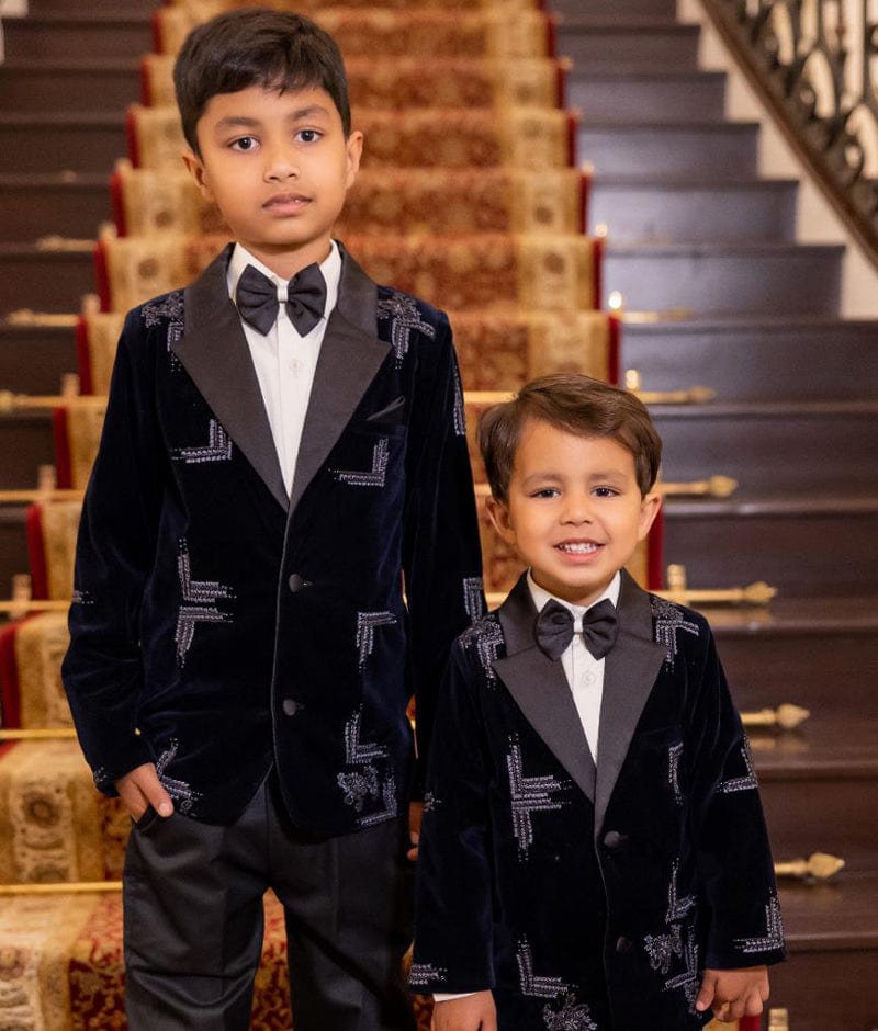 Manufactured by FAYON KIDS (Noida, U.P) Blue Velvet Coat Set With Hand Embroidery For Boys