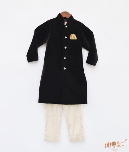 Manufactured by FAYON KIDS (Noida, U.P) Brown Velvet Achkan and Golden Pant for Boys
