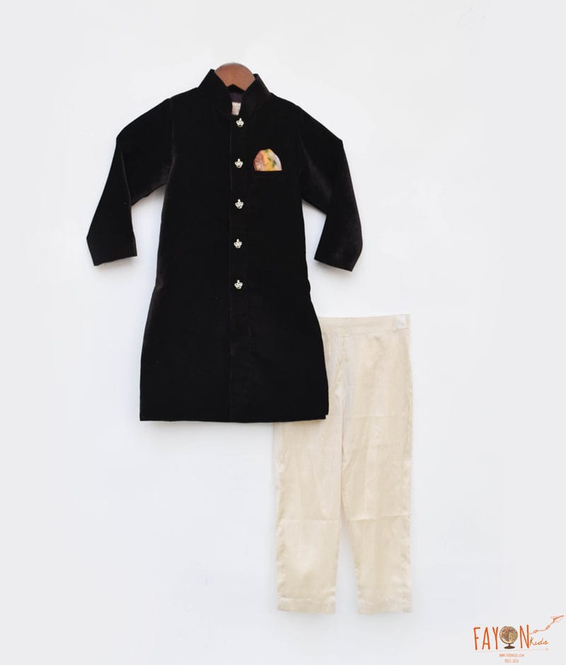 Manufactured by FAYON KIDS (Noida, U.P) Brown Velvet Achkan and Golden Pant for Boys