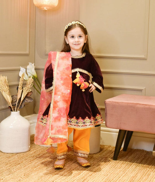 Manufactured by FAYON KIDS (Noida, U.P) Burgandi Velvet Kurti with Pant for Girls