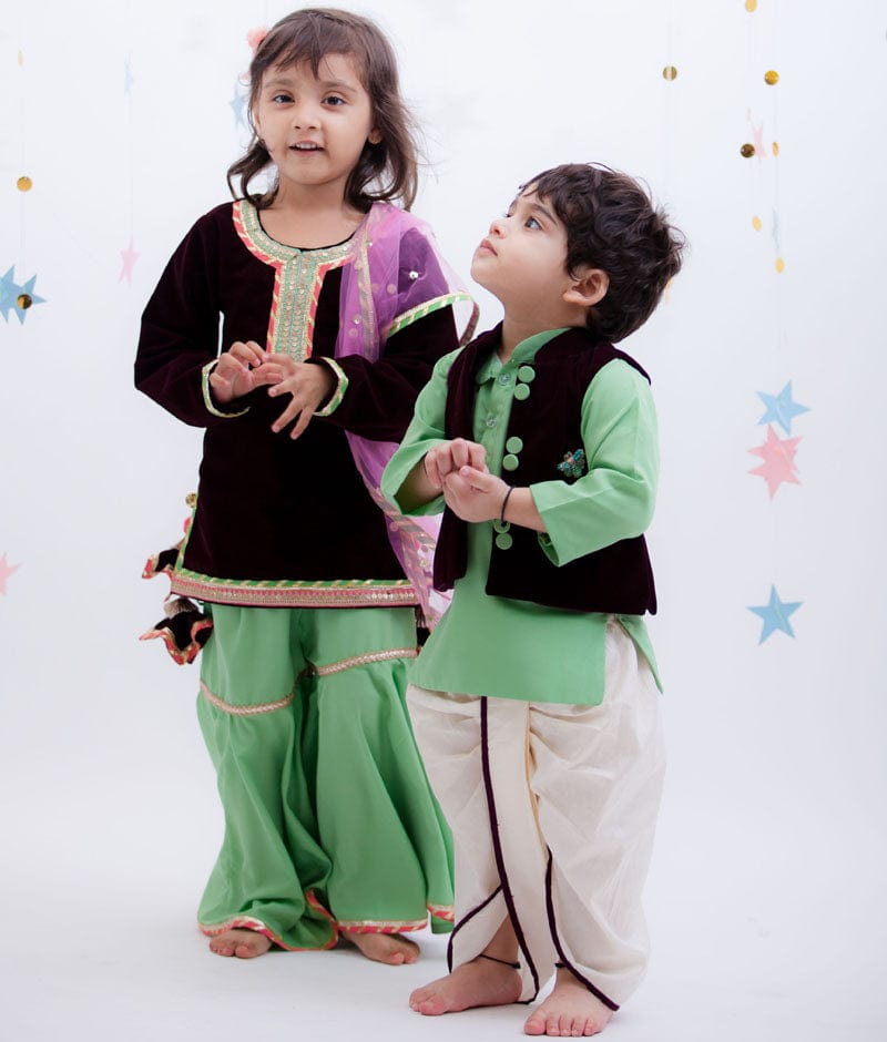 Manufactured by FAYON KIDS (Noida, U.P) Burgundy Velvet Green Sharara with Kurti Set For Girls