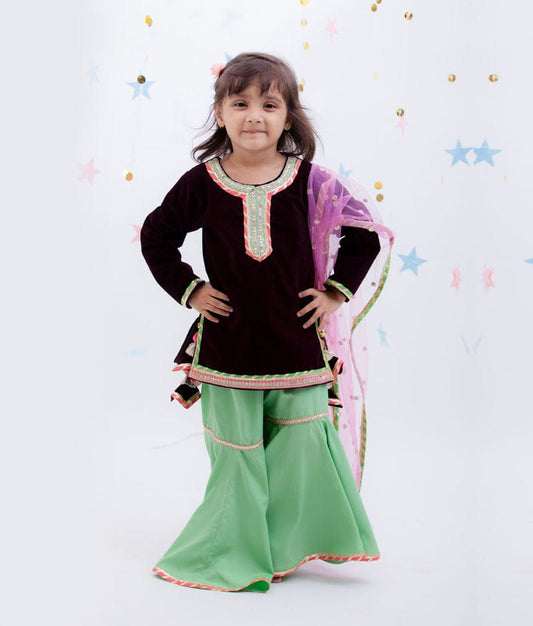 Manufactured by FAYON KIDS (Noida, U.P) Burgundy Velvet Green Sharara with Kurti Set For Girls