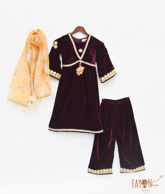 Manufactured by FAYON KIDS (Noida, U.P) Burgundy Velvet Kurti And Plazo Pant for Girls