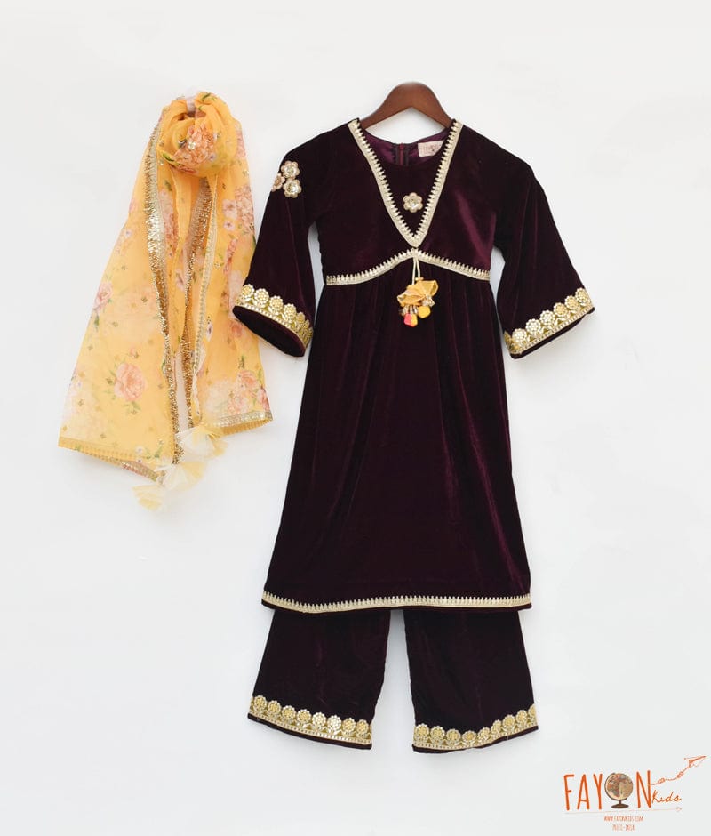 Manufactured by FAYON KIDS (Noida, U.P) Burgundy Velvet Kurti And Plazo Pant for Girls