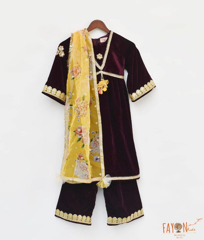 Manufactured by FAYON KIDS (Noida, U.P) Burgundy Velvet Kurti And Plazo Pant for Girls