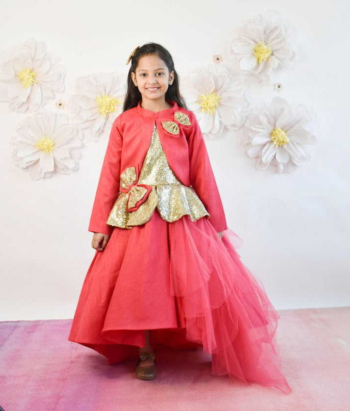 Coral Pink Net Gown with Shrug for Girls – FayonKids