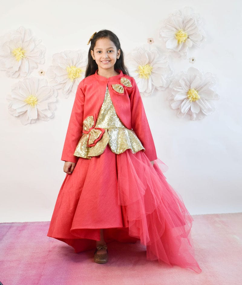 Coral Pink Net Gown with Shrug for Girls