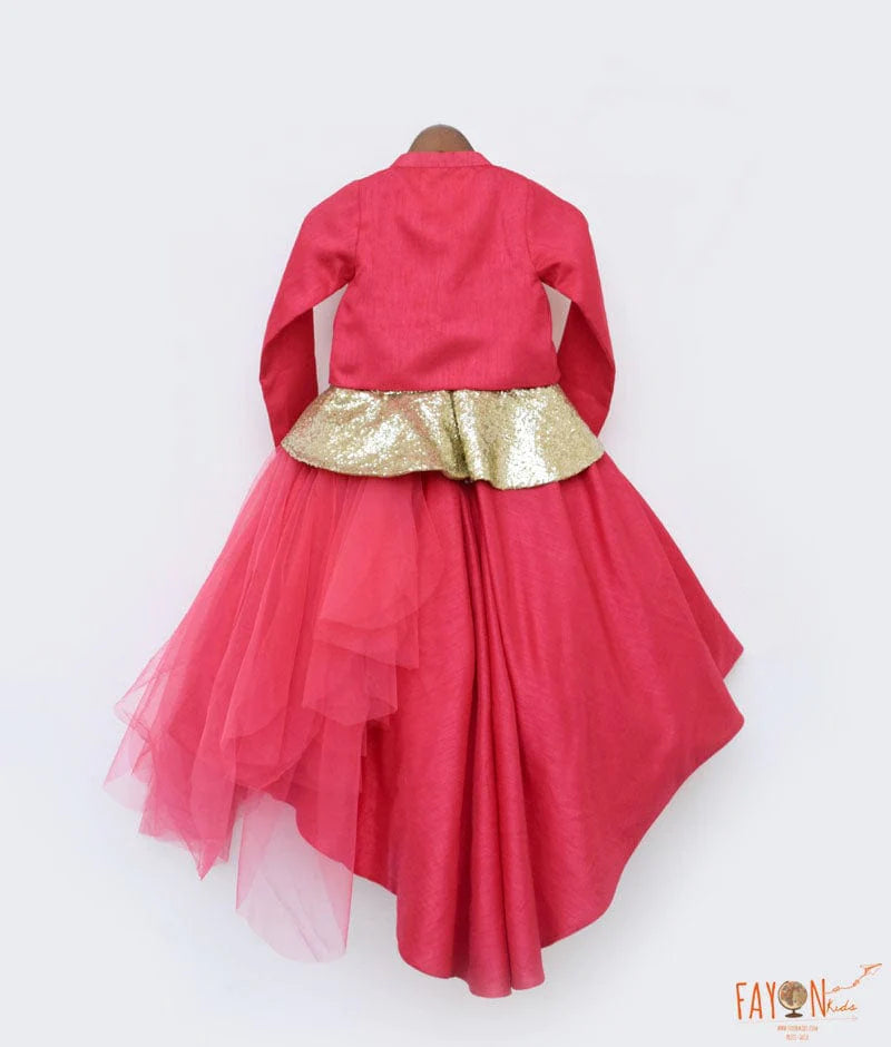 Buy Coral Pink Net Gown with Shrug for Girls Online