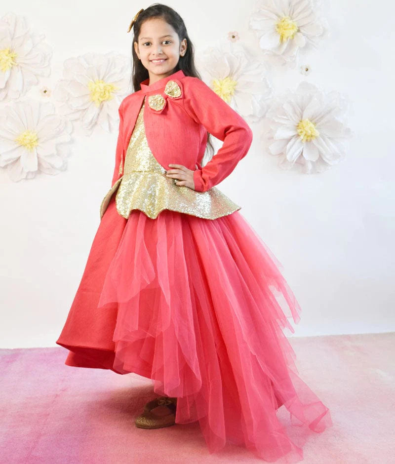 Manufactured by FAYON KIDS (Noida, U.P) Coral Pink Net Gown with Shrug for Girls