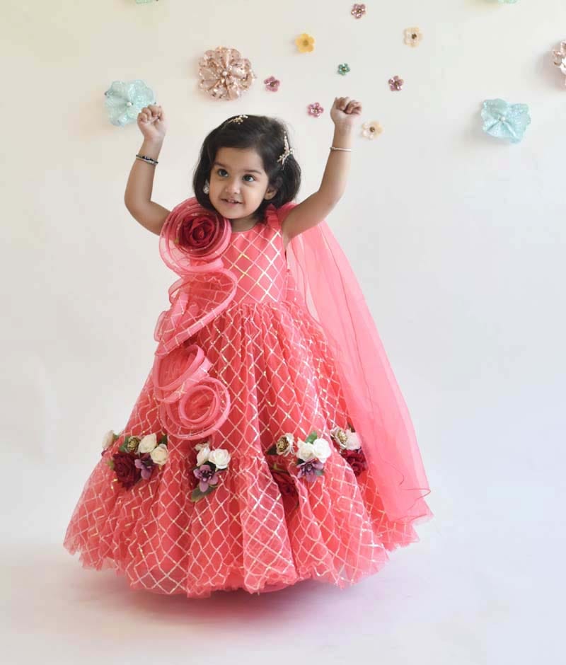 Manufactured by FAYON KIDS (Noida, U.P) Coral Sequins Net Gown for Girls