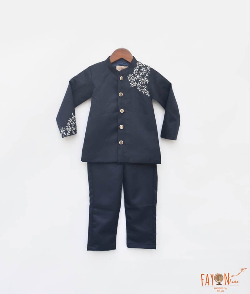 Manufactured by FAYON KIDS (Noida, U.P) Dark Blue Suiting Fabric Bandgala and Pant for Boys