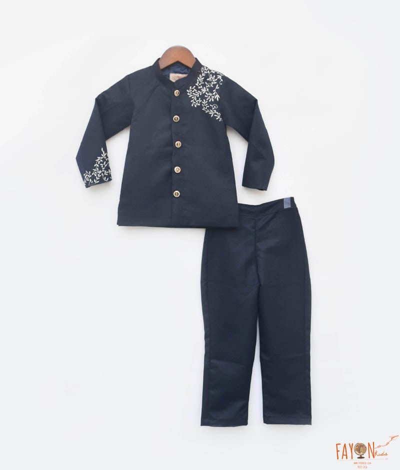 Manufactured by FAYON KIDS (Noida, U.P) Dark Blue Suiting Fabric Bandgala and Pant for Boys