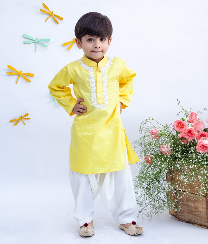 Manufactured by FAYON KIDS (Noida, U.P) Dori Embroidery Yellow Kurta and Salwar set for Boys