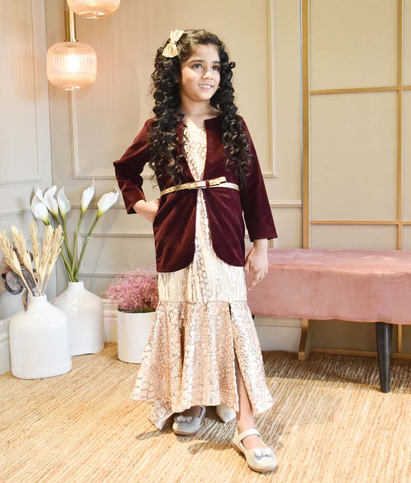 Manufactured by FAYON KIDS (Noida, U.P) Fawn Sequins Embroidery Gown and Velvet Jacket for Girls