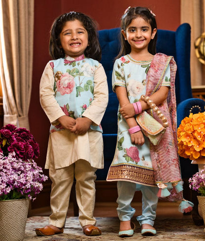 Manufactured by FAYON KIDS (Noida, U.P) Floral Print Blue Kurti And Pant Set for Girls