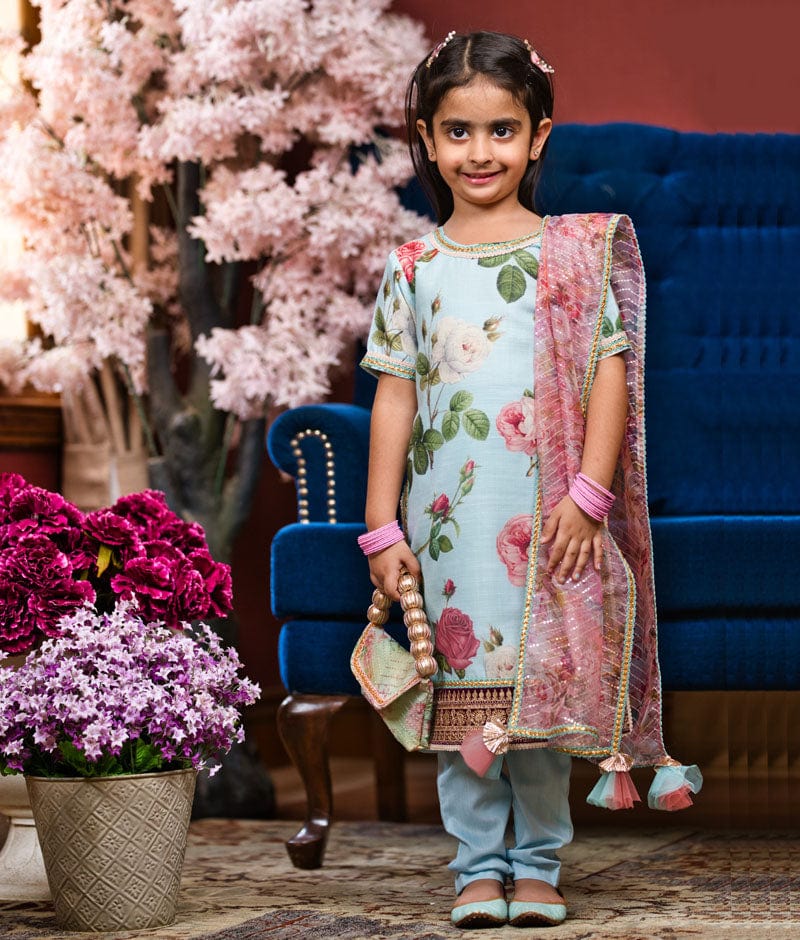 Manufactured by FAYON KIDS (Noida, U.P) Floral Print Blue Kurti And Pant Set for Girls