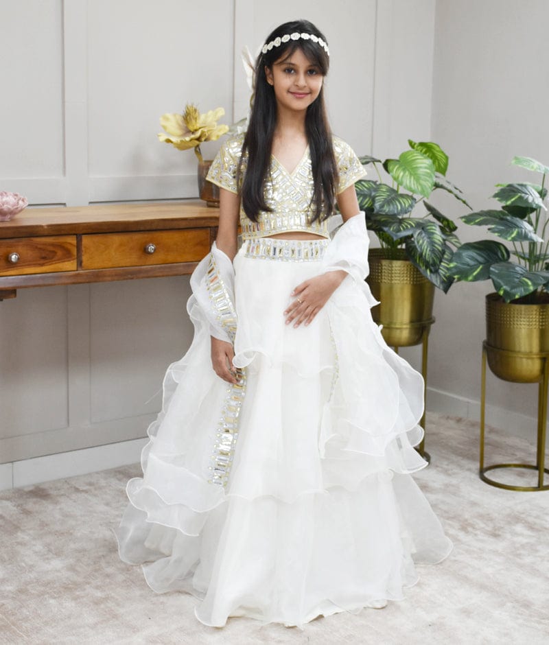 Manufactured by FAYON KIDS (Noida, U.P) Golden Net Off white Organza Embroidery Lehenga with Choli Organza Dupatta for Girls