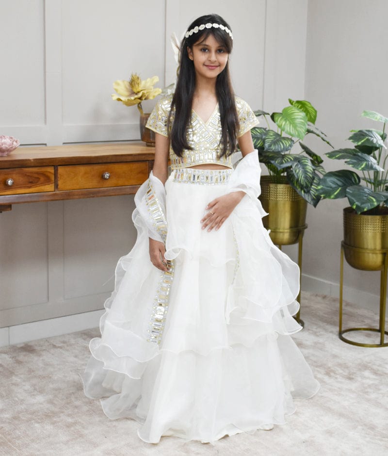 Golden Net Off white Organza Embroidery Lehenga with Choli Organza Dupatta for Girls