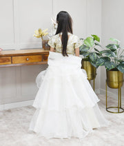 Golden Net Off white Organza Embroidery Lehenga with Choli Organza Dupatta for Girls