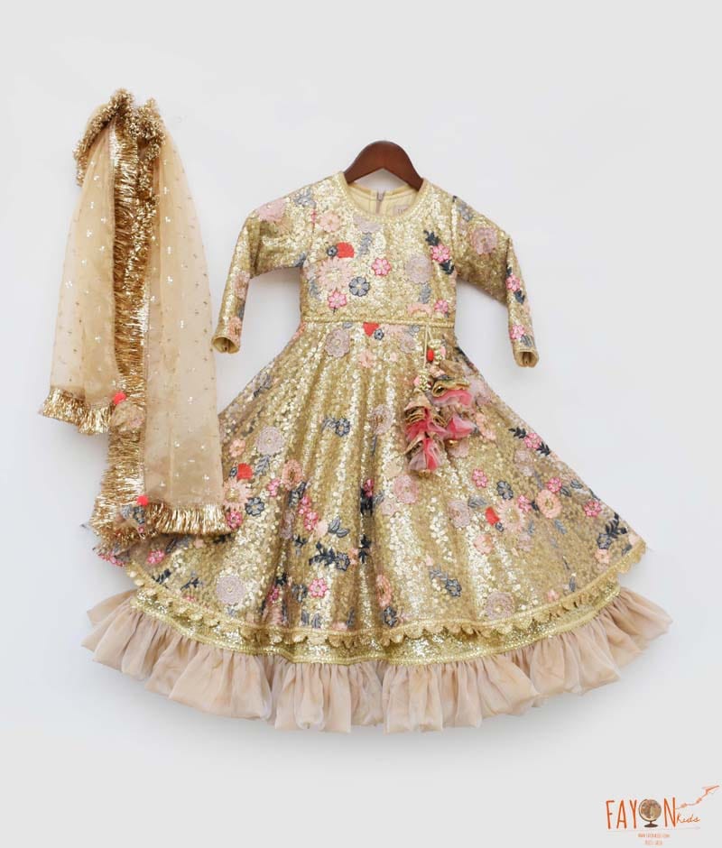 Manufactured by FAYON KIDS (Noida, U.P) Golden Sequence Anarkali with Dupatta for Girls
